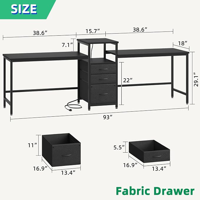 GYIIYUO 93'' Two Person Desk with Charging Station, Long Desk with 3 Drawer | Double Computer Desk with Printer Shelf, 2 Person Writing Study Table Workstation for Home Office, Black - Image 2