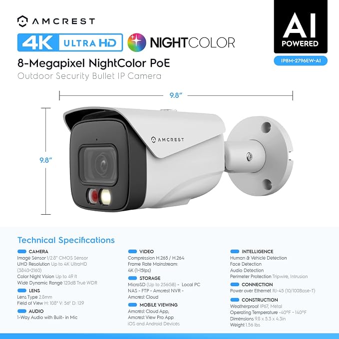 Amcrest UltraHD 4K (8MP) IP PoE AI Camera, FOV 129°, 49ft Color Nightvision, Security Outdoor Bullet Camera, Human & Vehicle Detection, Active Deterrent, 4K @15fps, IP8M-2796EW-AI (White) - Image 8