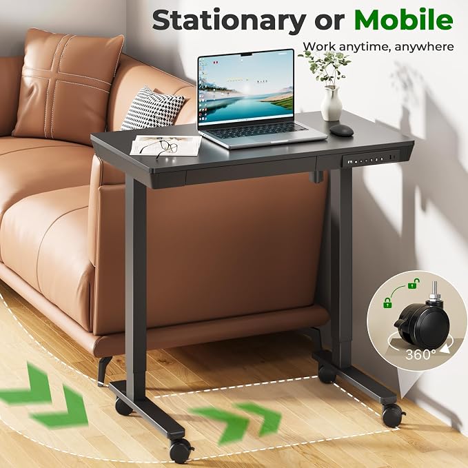 35" Electric Standing Desk with Drawer, 4 Lockable Wheels | Height Adjustable Quick Install One-Piece Tabletop with USB Charging Port, Small Sit to Stand up Desk for Home Office, Black - Image 9