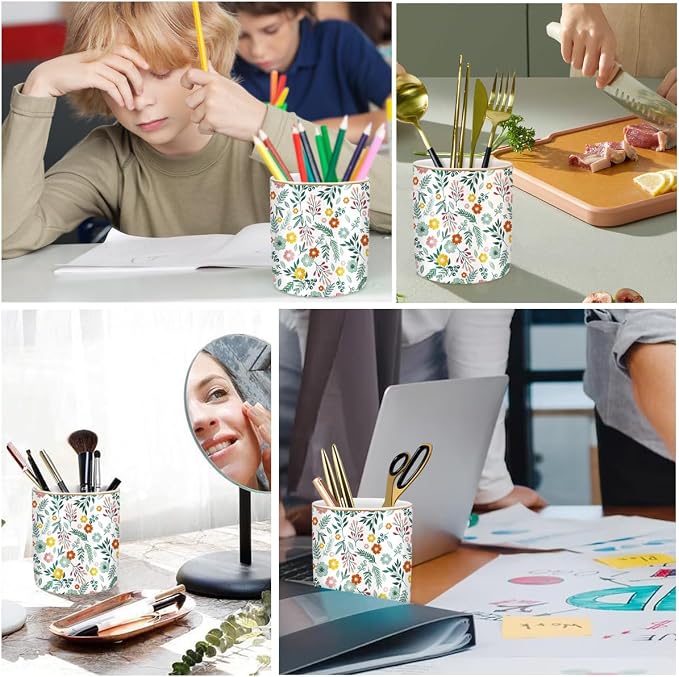 Desk Pen and Pencil Holder, Ceramic Multifunctional Organizer for Home, Office, and School, Green Floral Pattern - Image 2