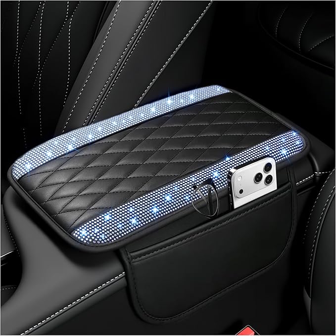 Stacool Upgraded Car Center Console Cover with Rhinestones,Microfiber Leather Car Armrest Cover Cushion with 2 Storage Bags,Universal Cars Armrest Storage Box as Cars Interior Accessories by Unknown