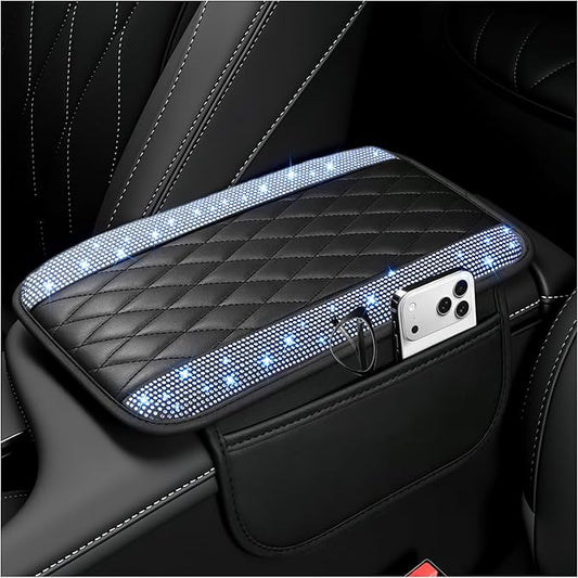 Stacool Upgraded Car Center Console Cover with Rhinestones,Microfiber Leather Car Armrest Cover Cushion with 2 Storage Bags,Universal Cars Armrest Storage Box as Cars Interior Accessories by Unknown