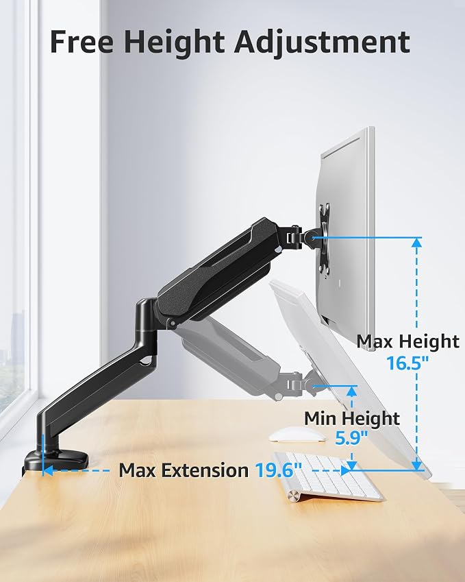 MOUNTUP Single Monitor Desk Mount Holds Screen up to 32 inch, Height Adjustable Monitor Arm, Full Motion Computer Monitors Stand with Clamp/Grommet Base, VESA Mounts Fit 4.4-17.6lbs Computer, Black - Image 8