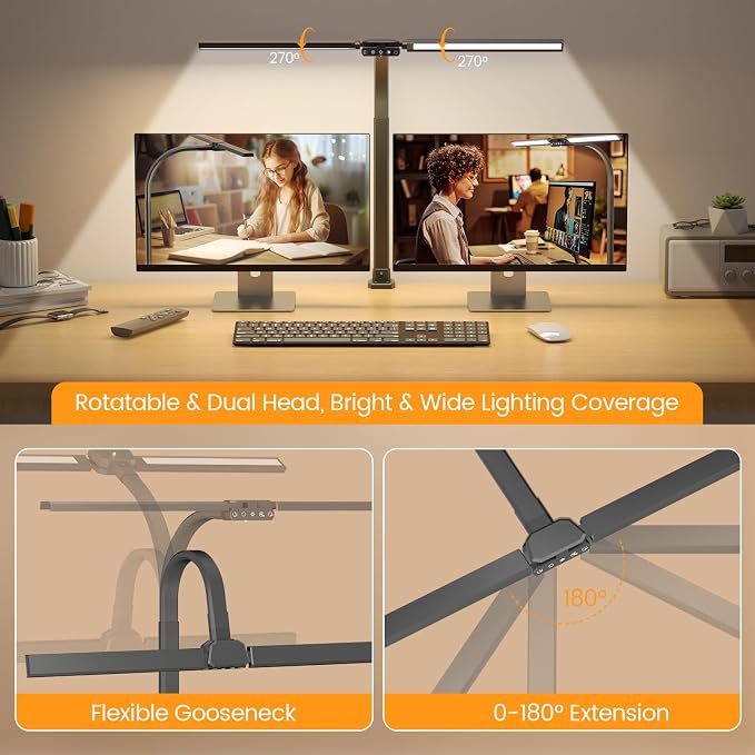 SIBRILLE Upgraded Desk Lamp for Home Office - Dimmable Computer Desk Light with Remote, Modern Architect Task Lamp with Color Changing, Flexible Desktop Lamp with Gooseneck for Monitor, Double Head - Image 2