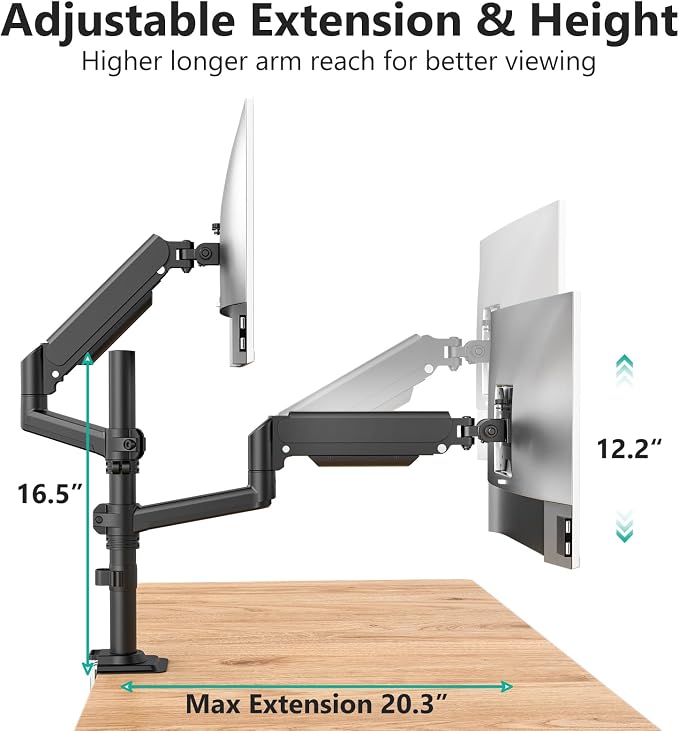 WALI Dual Monitor Mount, 13-33 Inch Adjustable Dual Monitor Arm for Desk Holds Max 19.8 lbs Screens, Swivel Vesa Bracket with C Clamp, Grommet Mounting, Monitor Arms for 2 Monitors (GSDM002) - Image 3