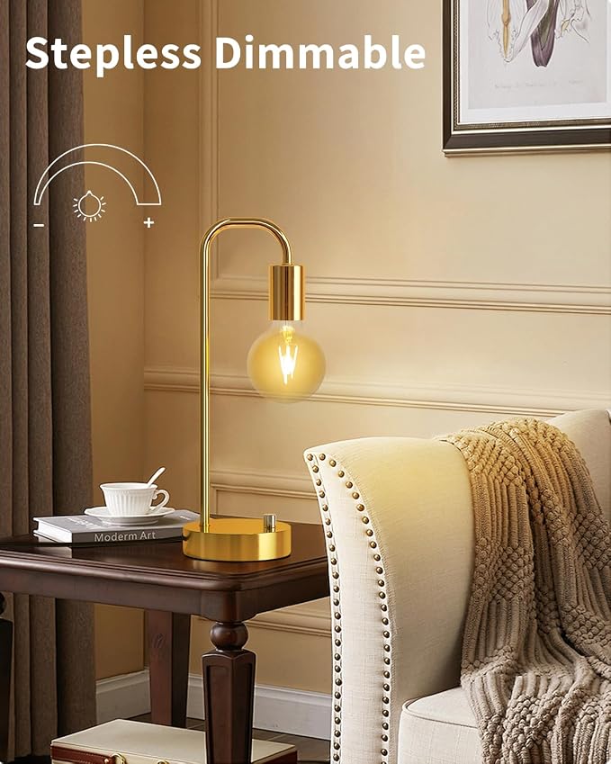 ONEWISH Industrial Table Lamp with 2 USB Port, Stepless Dimmable Nightstand Bedside Lamps for Bedroom,Desk Lamps with 2700K Gold Gradient Bulb for Reading Living Room - Image 3