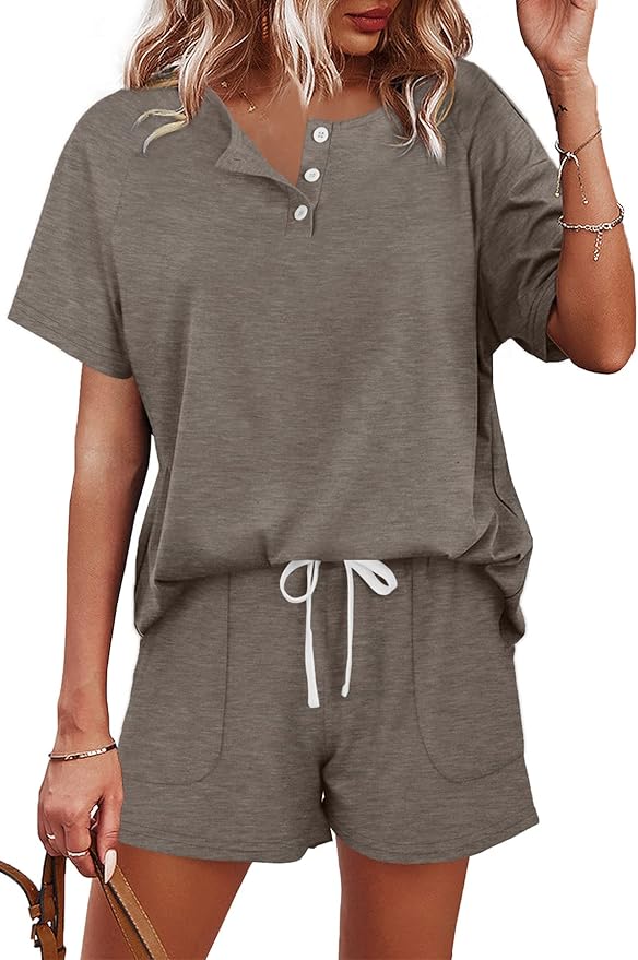 WIHOLL Two Piece Outfits for Women Lounge Sets Button Down Top and Shorts Set Sweatsuits with Pockets by WIHOLL
