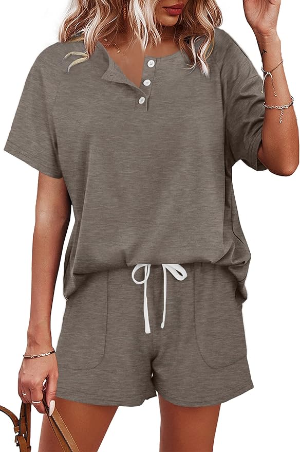 WIHOLL Two Piece Outfits for Women Lounge Sets Button Down Top and Shorts Set Sweatsuits with Pockets by WIHOLL