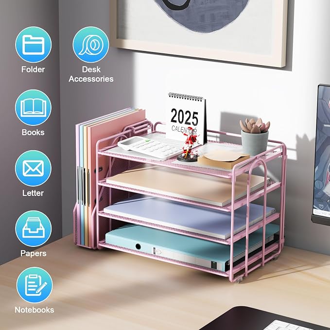 gianotter 4-Tier Paper Organizer With Magazine Holder | Desk Organizers and Accessories, File Organizer for Office Supplies Storag (Pink, 4-Tier) - Image 3