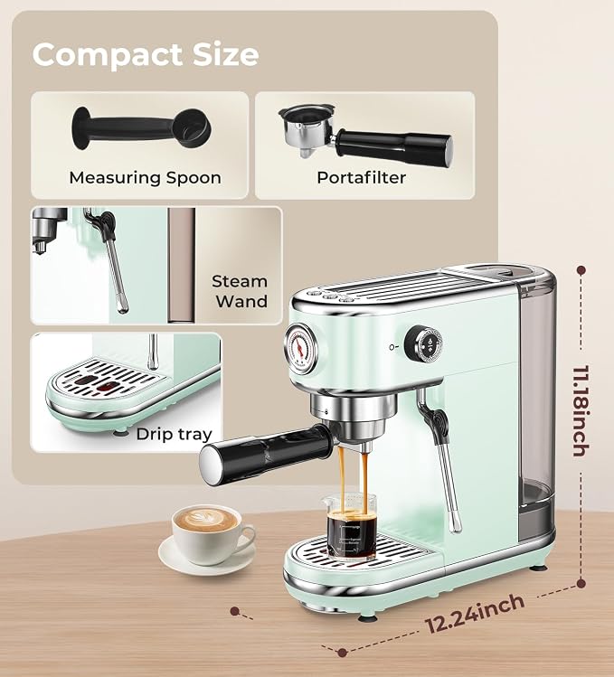 atatix 20 Bar Espresso Machine with Milk Frother, Compact Espresso Maker | Stainless Steel Coffee Machine with Precise Temp Control & 44oz Removable Water Tank for Latte, Cappuccino, Light Green - Image 9