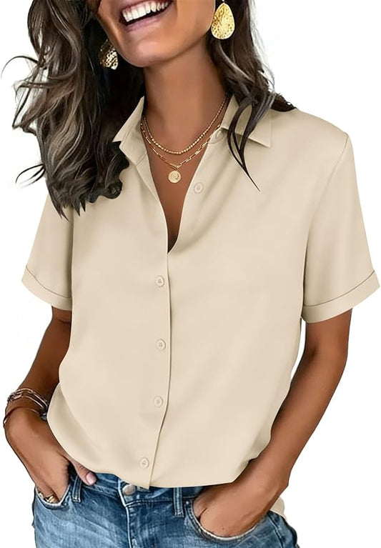Zeagoo Button Down Shirts for Women Short Sleeve Collared Tops Dressy Casual V Neck Blouses by Zeagoo
