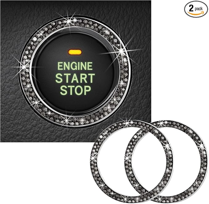Kewucn 2 PCS Bling Crystal Double Rhinestone Car Engine Start Decoration Ring, Sparkling Push Start Button Sticker, Key Ignition & Knob Ring Decoration, Bling Car Interior Accessory(Bright Black) by Kewucn