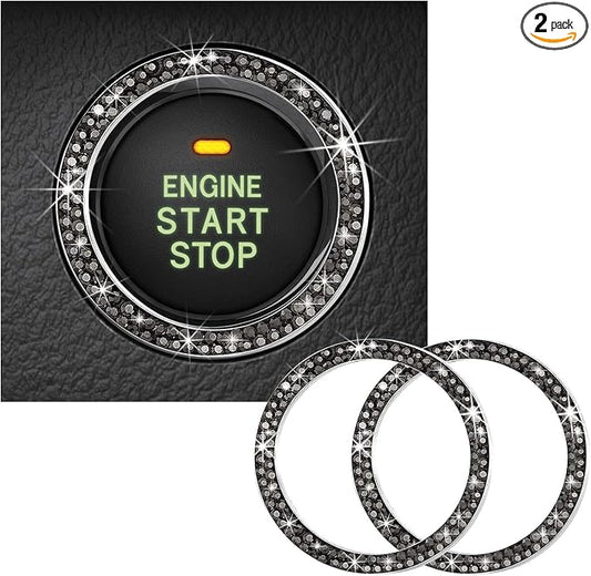 Kewucn 2 PCS Bling Crystal Double Rhinestone Car Engine Start Decoration Ring, Sparkling Push Start Button Sticker, Key Ignition & Knob Ring Decoration, Bling Car Interior Accessory(Bright Black) by Kewucn