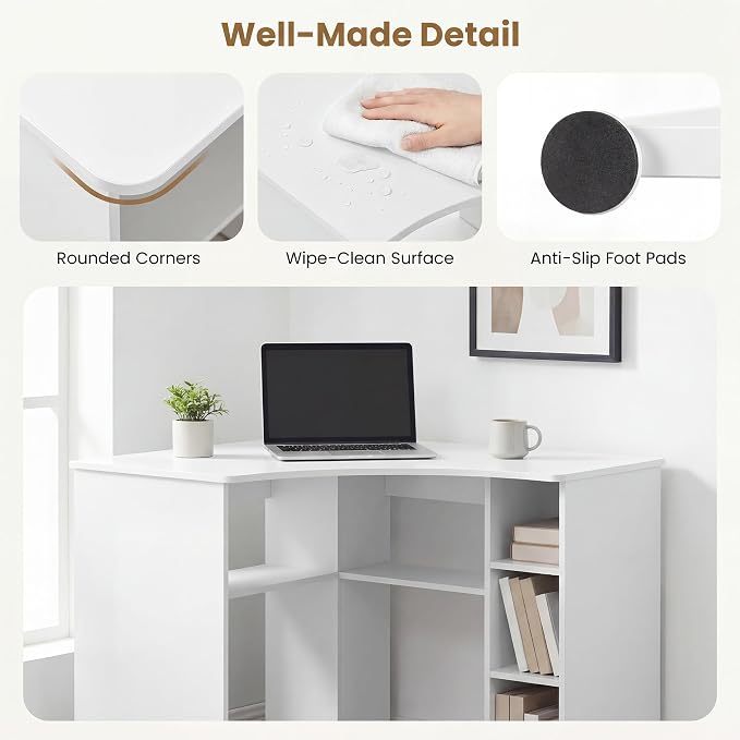 GOFLAME White Corner Desk with Charging Station, Small Corner Desk with Storage Shelves, Triangle Computer Desk, Study Writing Table for Home Office, Small Spaces - Image 5