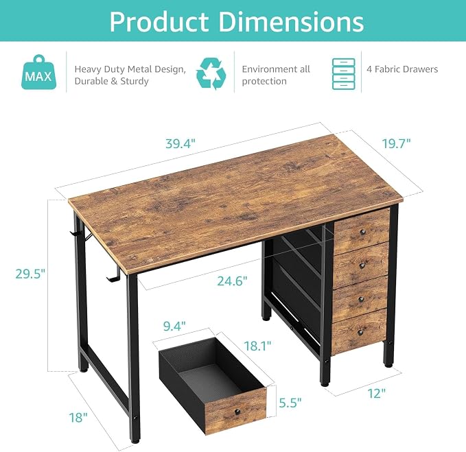 Lufeiya 40 inch Computer Desk with 4 Fabric Drawers, Kids Student Reversible Small Desks for Home Office Small Space, Work PC Desk Table for Bedroom, Rustic Brown - Image 3