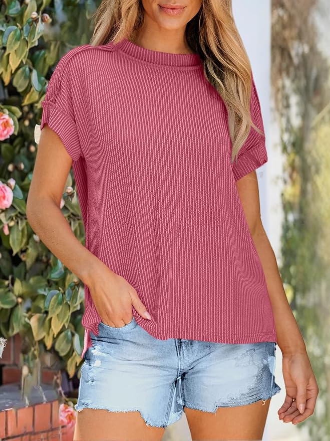 ANRABESS Womens Short Sleeve Crewneck Shirts Ribbed Knit High Low Hem T Shirt 2026 Summer Spring Casual Tops Trendy Clothes - Image 2