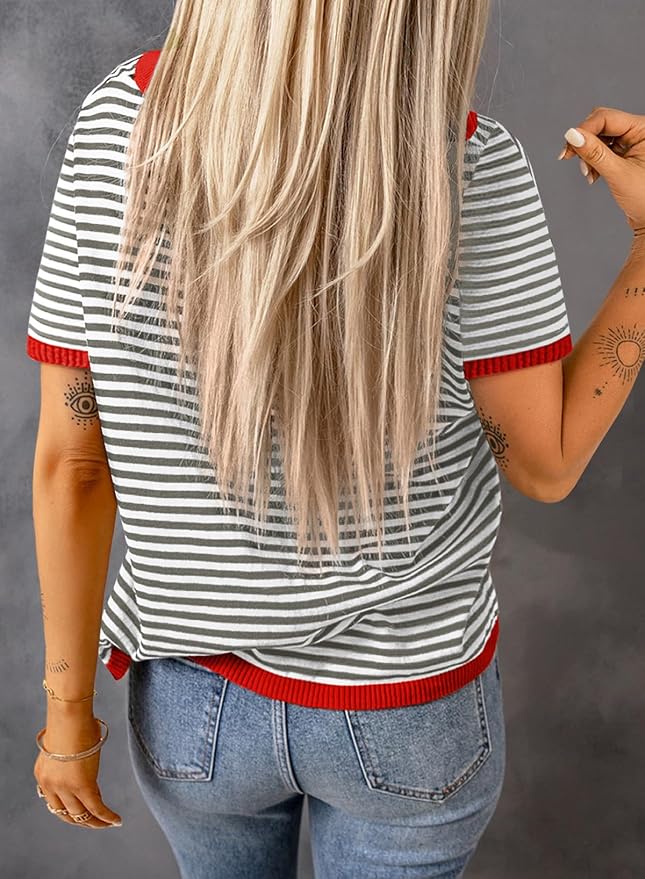 Dokotoo Womens Tops 2026 Casual Summer Crewneck Short Sleeve Striped Color Block Knit High Low Trendy Pullover Sweaters - Image 3