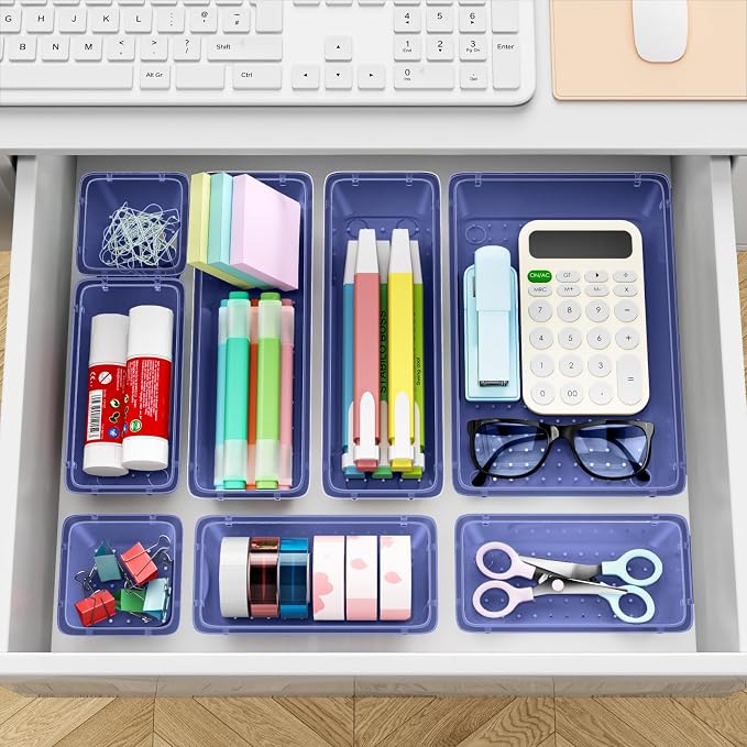 12 PCS Drawer Organizer Set, Makeup Organizer, Tool Storage Tray, Navy Blue | 4 Sizes, Plastic, Stackable, Multiple Gadgets, Desk Drawer Divider Organizers, for Makeup, Office Supplies Storage - Image 6