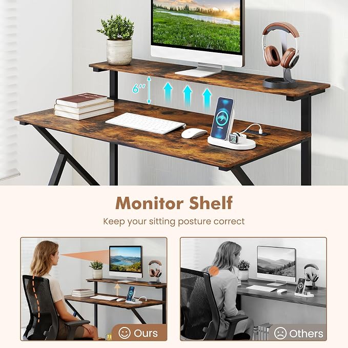 Giantex Rolling Computer Desk with Charging Station, Mobile Portable Laptop Desk with Monitor Stand & Storage Shelf, Small Desk with Lockable Wheels for Small Spaces, Home Office (Rustic Brown) - Image 5