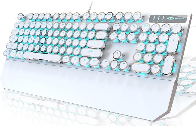 Camiysn Typewriter Style Mechanical Gaming Keyboard, White Retro Punk Gaming Keyboard with Blue Backlit, 104 Keys Blue Switch Wired Cute Keyboards, Round Keycaps for Windows/Mac/PC by Camiysn