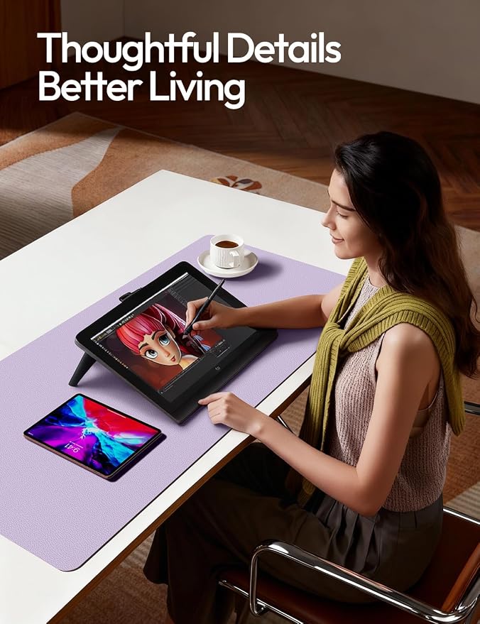 YSAGi Leather Desk Protector, Office Mat, Large Mouse Mat, Non-Slip PU Leather Blotter, Laptop Desk Pad, Waterproof Writing Pad for Office and Home (Light Purple, 47.2" x 23.6") - Image 3