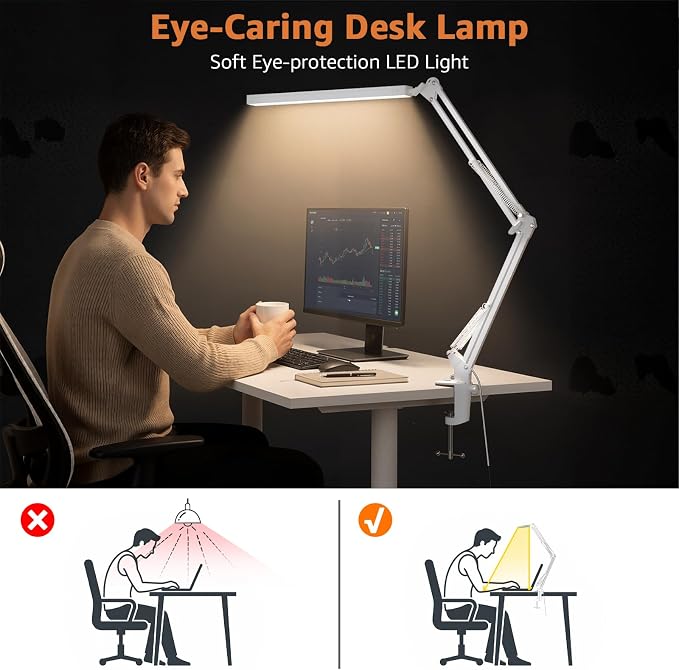 Upgrade Swing Arm LED Desk Lamp with Clamp, 80 LED Beads, 5 Color Modes & 11 Brightness Levels, 360° Adjustable Arm, Eye-Caring Light CRI95, Timer & Memory Function, for Office, Study, Crafting - Image 7