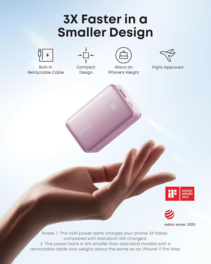 Anker Nano Power Bank, 45W 10,000mAh Portable Charger, iPhone Battery Pack | Built-In Retractable USB-C Cable, for iPhone 17 / 16 Series, iPad, Galaxy, Pixel, and More, Compact Travel Design - Image 4