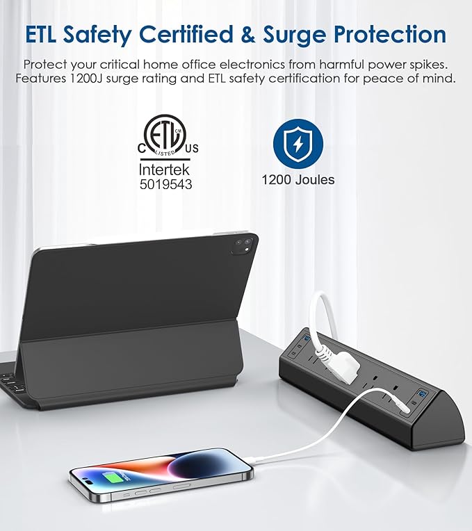 Jgstkcity Desk Clamp Power Strip USB C,40W Total Fast Charging Station,4 PD 20W USB C Ports,Desk Edge Mount Surge Protector,5 Outlets,Fit 1.96" Tabletop Edge,ETL Listed | 1200J,Total 40W Charging Hub,5 Outlets & 6 USB, 6FT Extension Cord, Fits 1.96" De... - Image 3