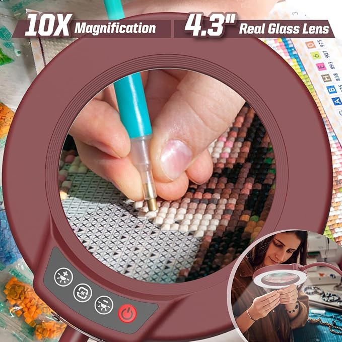 10X Magnifying Glass with Light and Stand, 5 Color Modes Stepless Dimmable LED Lighted Desk Lamp, Hands Free Flexible Gooseneck Magnifier with Light for Craft Hobby Painting Close Work - Red - Image 2