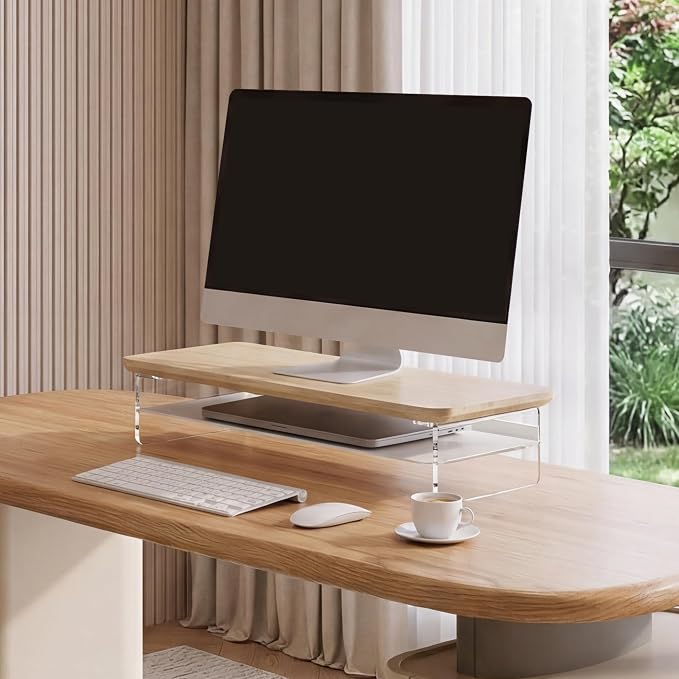 Fenge 23.6" Monitor Stand with Clear Acrylic Legs, Oak | Clear acrylic, storage compartment, 2-tier home office monitor riser, wide large desktop shelf fit monitor/laptop/printer - Image 7
