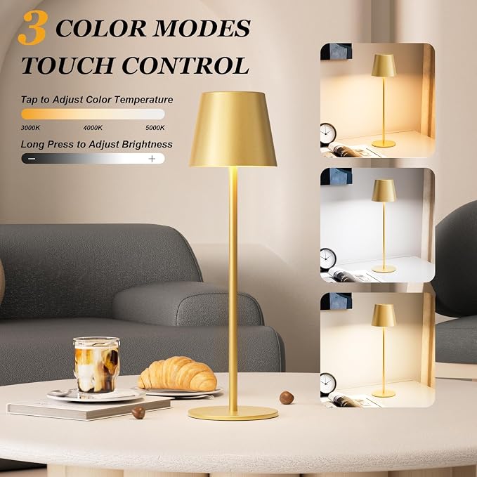 Kakanuo Cordless Table Lamp Rechargeable Gold - 4 Pack Battery Operated Lamp for Dining Table, 3 Color Stepless Dimming Wireless Lamp for Counter, Outdoor Patio, Touch Control - Image 2