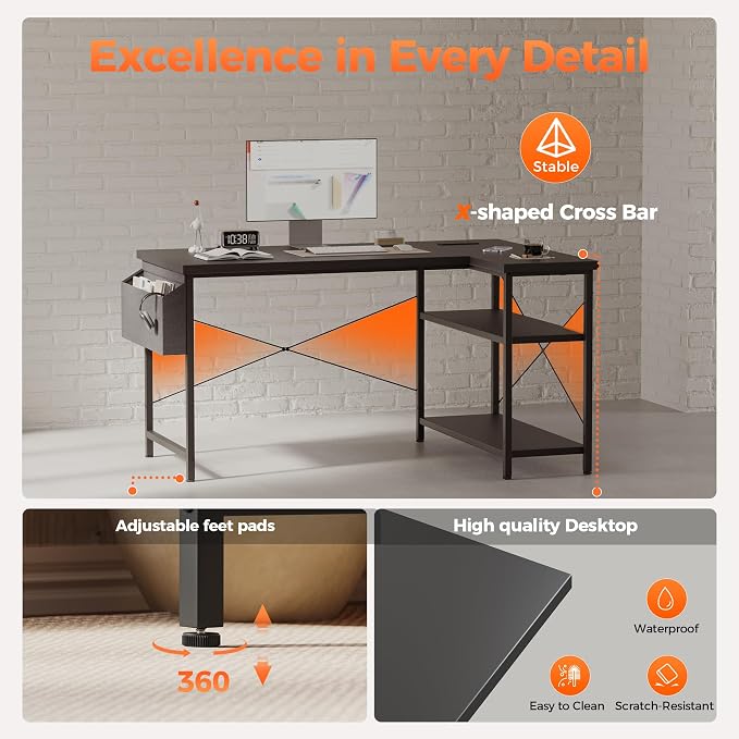 Mericonia 55 inch L Shaped Gaming Desk, Large Corner Desk with Shelves | Reversible Computer Desk with Power Outlets & Storage Bag, Office Table for Home Bedroom Study Work Writing - Image 5