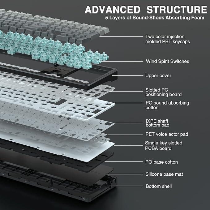 AULA F108 Wireless Mechanical Keyboard, Full Size Gaming Keyboard with Number Pad, Side Printed PBT Keycaps, Pre-lubed Switches, RGB Backlit, Hot Swappable Creamy Sounding Computer Keyboards, 108 keys - Image 6