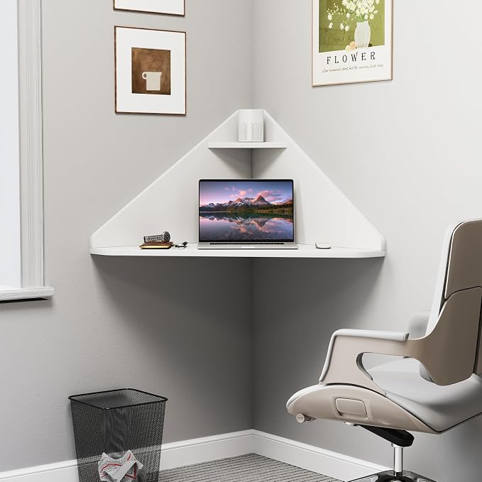 GOFLAME Floating Corner Desk, Wall Mounted Triangular Computer Desk w/Storage Shelf, Space-Saving Design, 90° Wooden Floating Home Office Desk for Writing, Working, Studying (White) - Image 2
