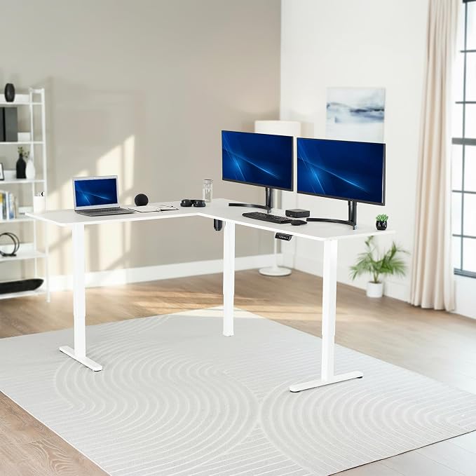 VIVO White 75 x 63 in Corner Standing Desk, DESK-E3CTW-75 | Electric, Large Reversible L-Shaped Table, Sit Stand Height Adjustable, Memory Controller, Office Furniture Sets, Black Frame - Image 2