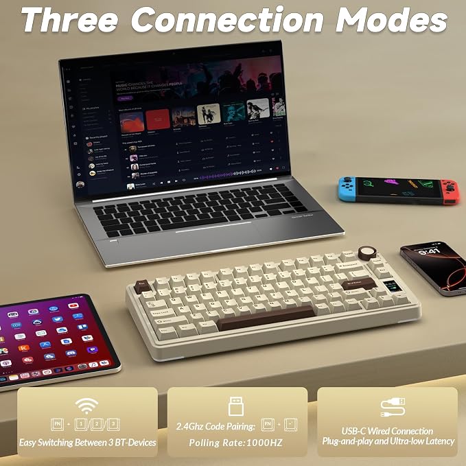 AULA S75 PRO Wireless Mechanical Keyboard with Screen&Knob, 75% Hot Swappable Gaming Keyboard with Pre-lubed Switches, RGB Backlit, PBT Keycaps, Creamy Sounding Computer Keyboards - Image 4
