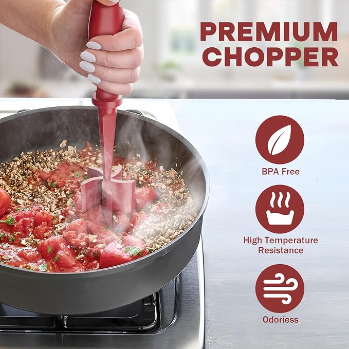 Meat Chopper, Upgrade Hamburger Smasher, Premium Heat Resistant Meat Masher for Ground Beef, Ground Turkey and More, Non Stick Mix Grinder-Red | Heat Resistant, 5 Nylon Blade, Burger Grinder Potato Mix Tool, Meat & Poultry Tenderizers, Dishwasher Safe,... - Image 5
