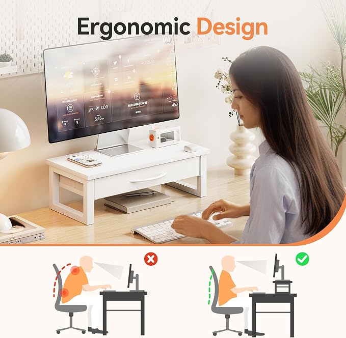 Desk Organizers and Accessories, Computer Monitor Stand Riser with Drawer, White Laptop Stand for Desk with Storage, Office Organization, Wood - Image 2
