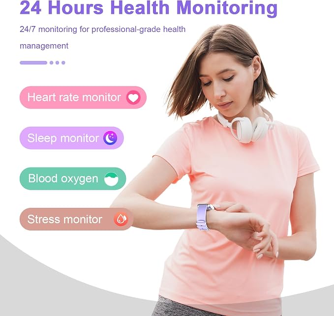 Smart Watch for Men Women Compatible with iPhone Samsung Android Phone 1.69 inch Full Touch Screen IP68 Waterproof Bluetooh Fitness Tracker Heart Rate/Sleep Monitor (Purple) - Image 3