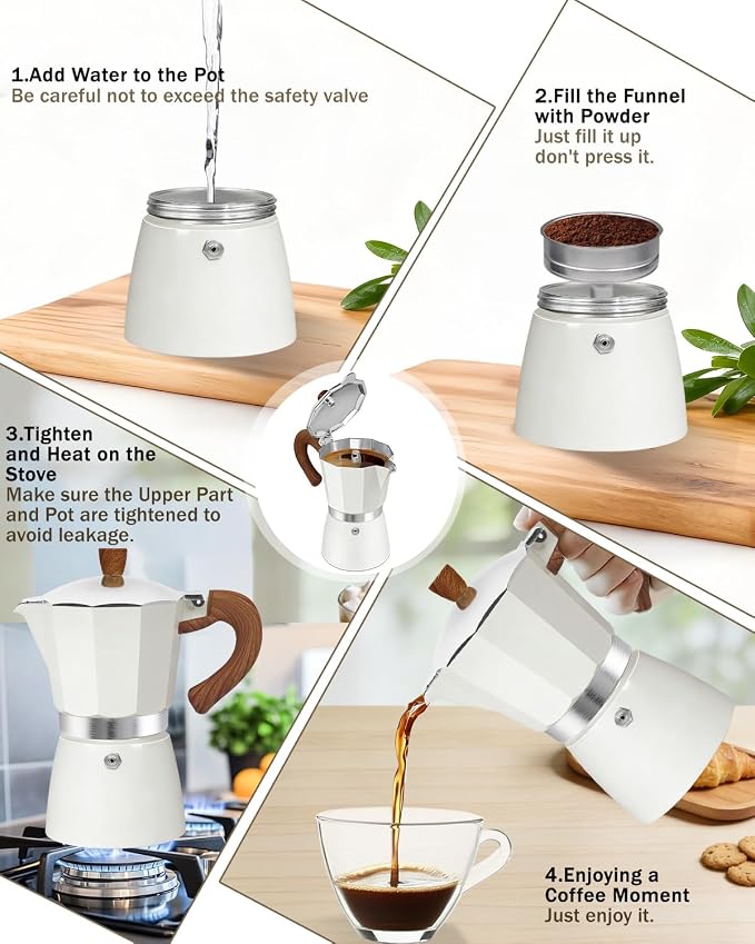 Coffee Maker Stovetop Espresso Maker 6 Cup Aluminum Moka Pot Percolator 10oz 300ml Easy Brewing for Electric Ceramic Stoves Home Camping Italian Cuban Café Classic White - Image 9