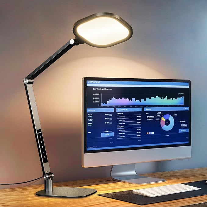 LitONES Desk Lamp for Home Office, Tall Computer Ring Light with CRI 97.8 | Eye-Caring Diffused Desktop Light with Memory & Timer Func, 1200LM Zoom Lighting for Video Calls, Conference, Reading,Study by LitONES