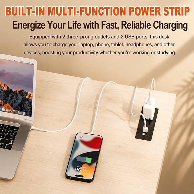 Folding Table Computer Desk - 43.3" No Assembly Folding Desk with Power Outlets & USB Charging Port, Small Desk, Foldable Office Desk, Compact Storage Portable Use for Small Space, White Ash - Image 6