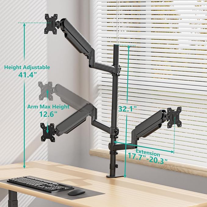 WALI Triple Monitor Mount for 13-34 inch Screens, Full Adjustable 3 Monitors Desk Mount with Clamp & Grommet Base, Triple Monitors Arm, up to 19.8lbs Each, VESA 75x75 100x100 mm (GSDM003XL), Black - Image 5