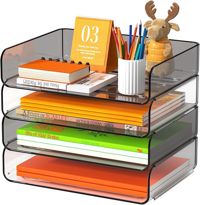 FANXIYQ 4-Tier Acrylic Paper Tray Organizer, Clear & Brown Paper Organizer | Stackable, Tool-Free Design with 2-4 Tiers for A4 Paper, Files, Books and Mail; Ideal for School, Home Office and Study Room by FANXIYQ