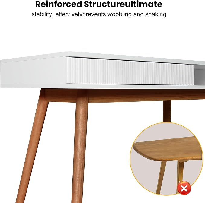 Artswish White Wood Desk with Drawer, 42" Mid Century Modern Writing Desk | Soild Wood Legs, Reinforced Structure, Drawer & Open Cubby Storage, Built-in Cable Management Hole for a Clean Workspace - Image 5