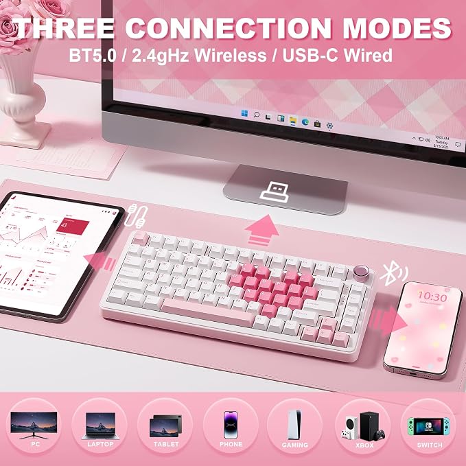 YUNZII B75 PRO 75% Wireless Mechanical Keyboard (White Heart,MilkV2) | Hot Swap Keyboard with Knob, Gasket Mount, Creamy Pre-lubed Switch for Smooth Typing, BT/USB-C/2.4G, for Gaming - Image 3