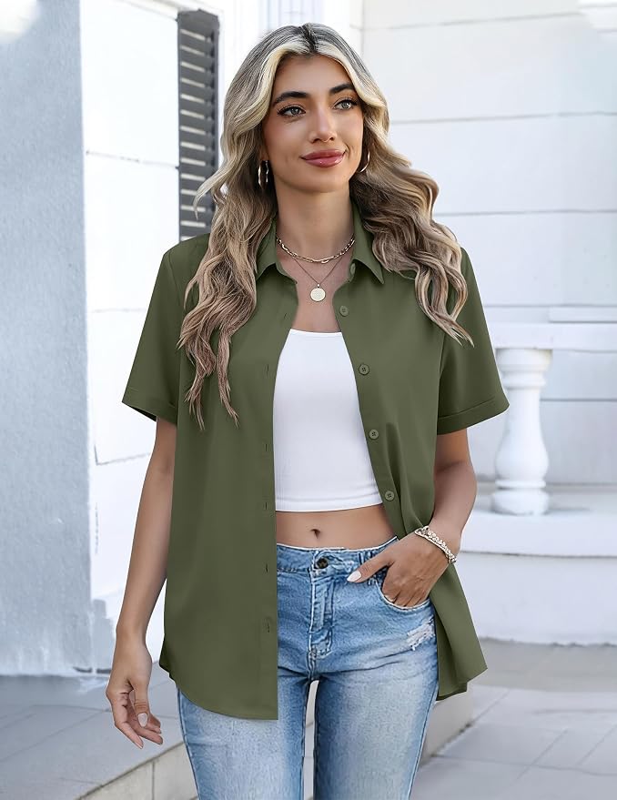 Zeagoo Button Down Shirts for Women Short Sleeve Collared Tops Dressy Casual V Neck Blouses - Image 3