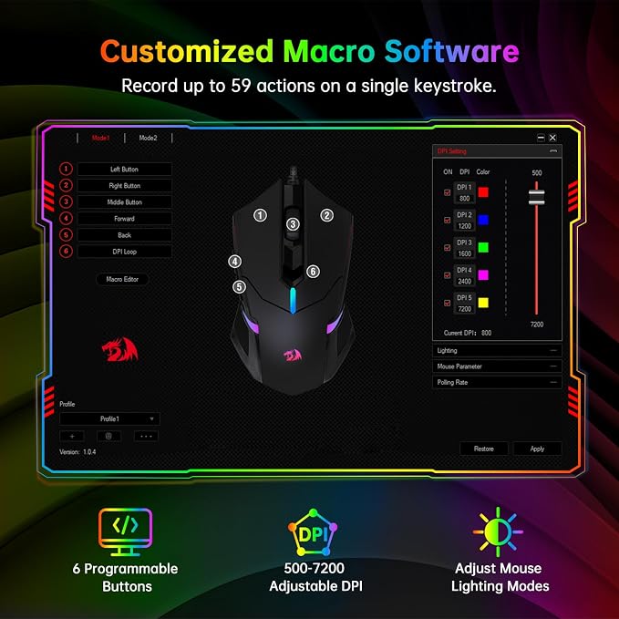 Redragon S101-3 Wired RGB Backlit Gaming Keyboard and Mouse Combo, Programmable Keyboard and Mouse (800-7200DPI), Gaming Headset Mouse Pad Combo All in 1 PC Gamer Bundle for Windows PC (Black) - Image 5