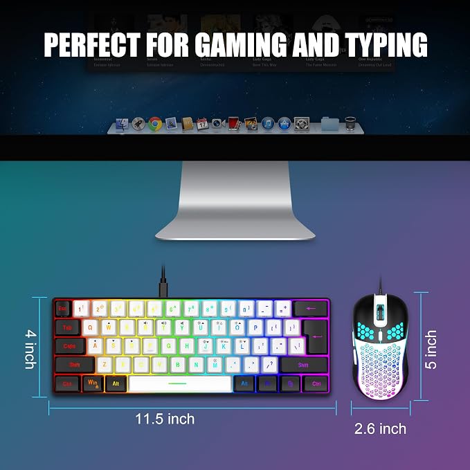 RedThunder 60% Gaming Keyboard and Mouse Combo, Ultra-Compact 61-Key RGB Backlit Mini Keyboard, Lightweight 7200 DPI Honeycomb Optical Mouse, RGB Wired Gaming Set for PC PS5 Xbox Gamer(White-Black) - Image 6