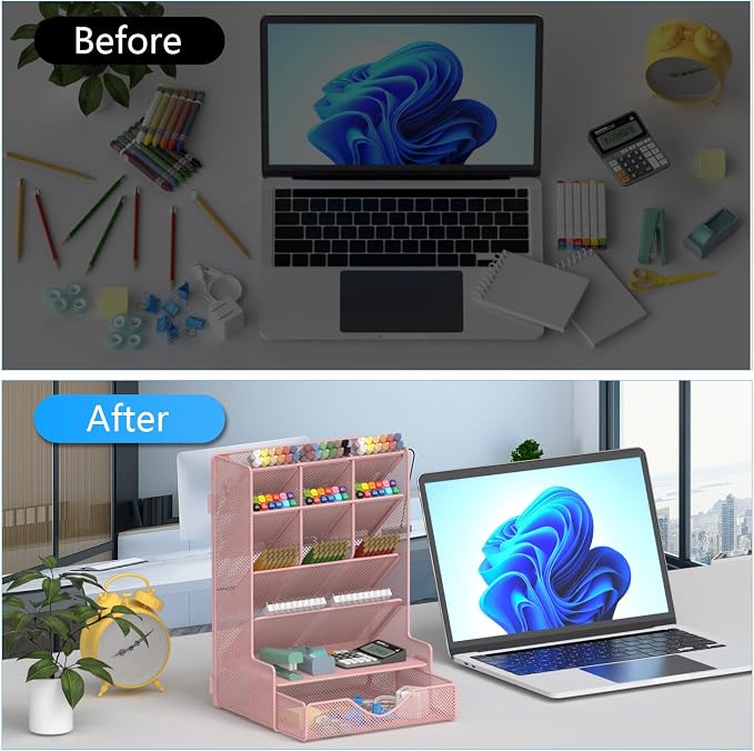 BOHDK Pen Organizer for Desk, Multi-Functional Desk Organizer, Wall Mount Pen Holder with Drawer for School, Office, Home, Art Supplies, Pink - Image 6